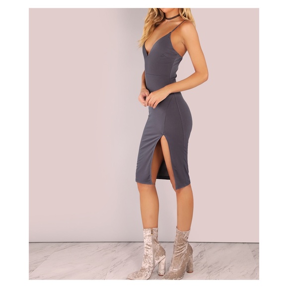 Charcoal Grey Bodycon Slit Midi Dress - Picture 2 of 8